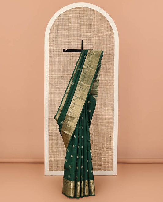 Green zari buttas Vasundhara silk mix saree, zari border of poun, kathir, diamond, neli, mayil kann, and kodi visiry designs, and Jaal patterned pallu