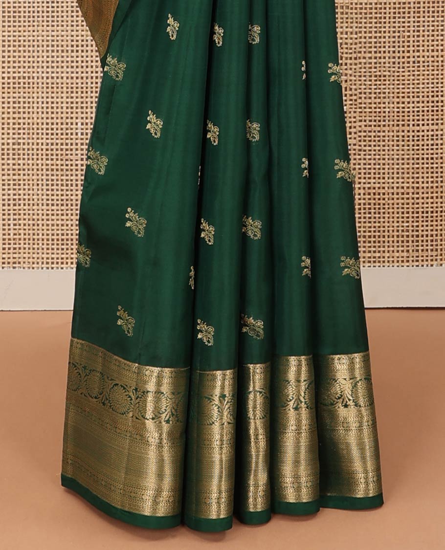 Green zari buttas Vasundhara silk mix saree, zari border of poun, kathir, diamond, neli, mayil kann, and kodi visiry designs, and Jaal patterned pallu
