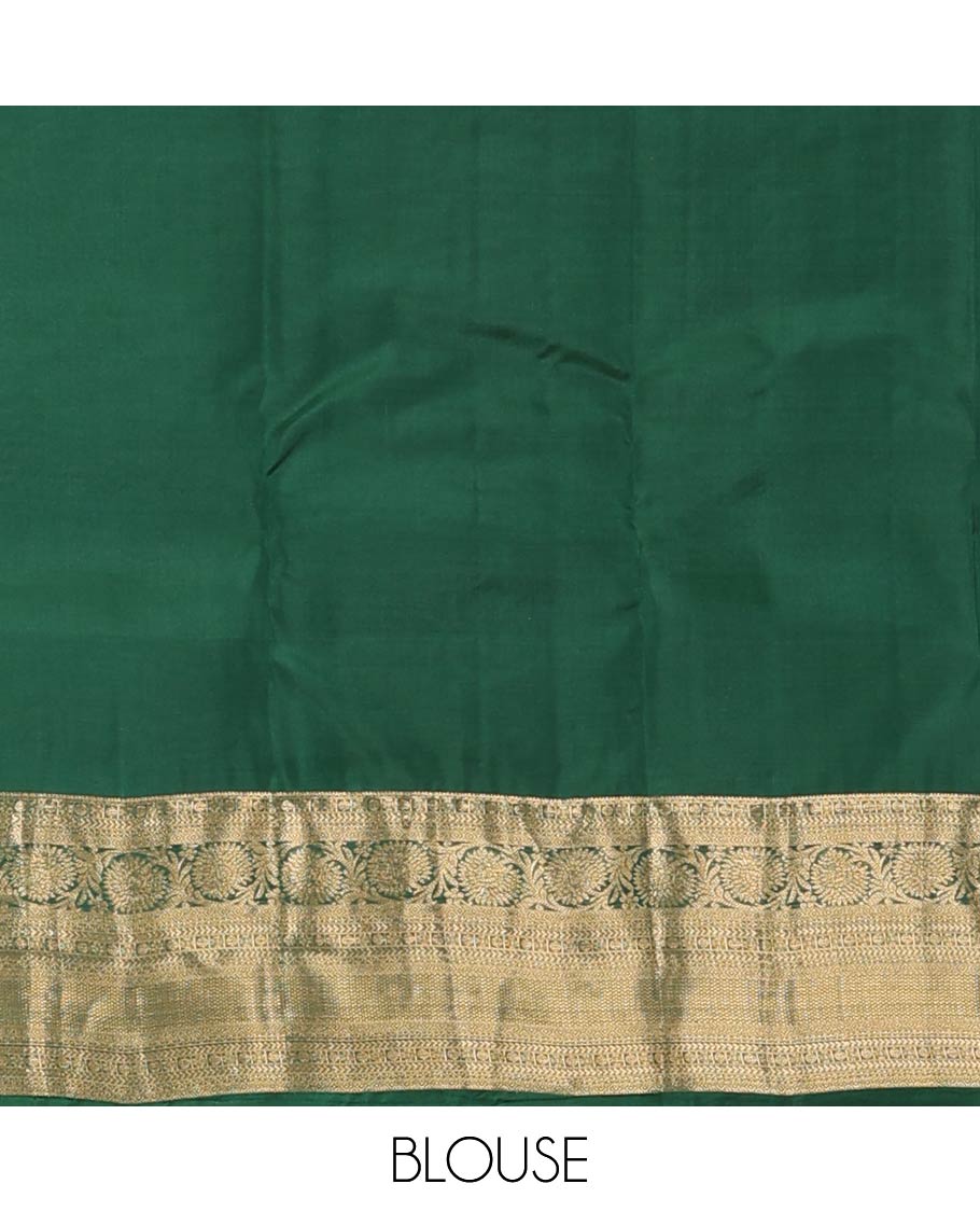 Green zari buttas Vasundhara silk mix saree, zari border of poun, kathir, diamond, neli, mayil kann, and kodi visiry designs, and Jaal patterned pallu