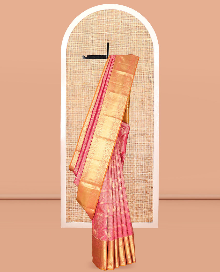 Pink Vasundhara Lite Silk Mix Saree, Elevated with Jacquard Design, a Contrast Border of Thilakam, Rudraksham, Kuyil Kann, and Kodi Visiry Designs, Jaal Pallu, and a Contrast Blouse