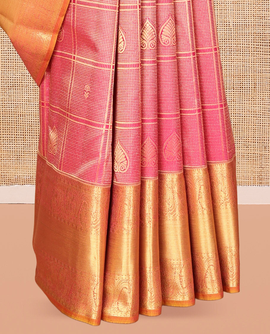 Pink Vasundhara Lite Silk Mix Saree, Elevated with Jacquard Design, a Contrast Border of Thilakam, Rudraksham, Kuyil Kann, and Kodi Visiry Designs, Jaal Pallu, and a Contrast Blouse