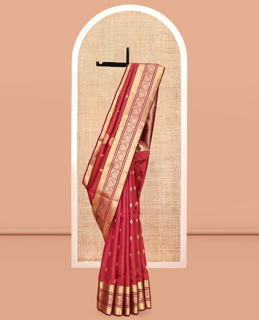 Red Vasundhara Lite Silk Mix Saree, Woven with Zari Buttas, a Contrast Border of Kodi Visiri Designs, Grand Vanki Pallu, and a Contrast Blouse
