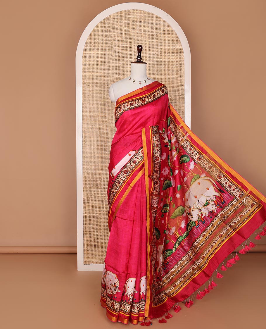 Red Pichwai cow printed banana pith saree with zari border of floral creeper print, and pallu of Pichwai lotus vine and cow print
