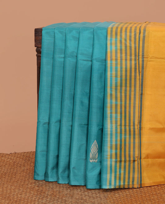 Borderless blue zari buttas banana pith saree, contrast pallu of buttas