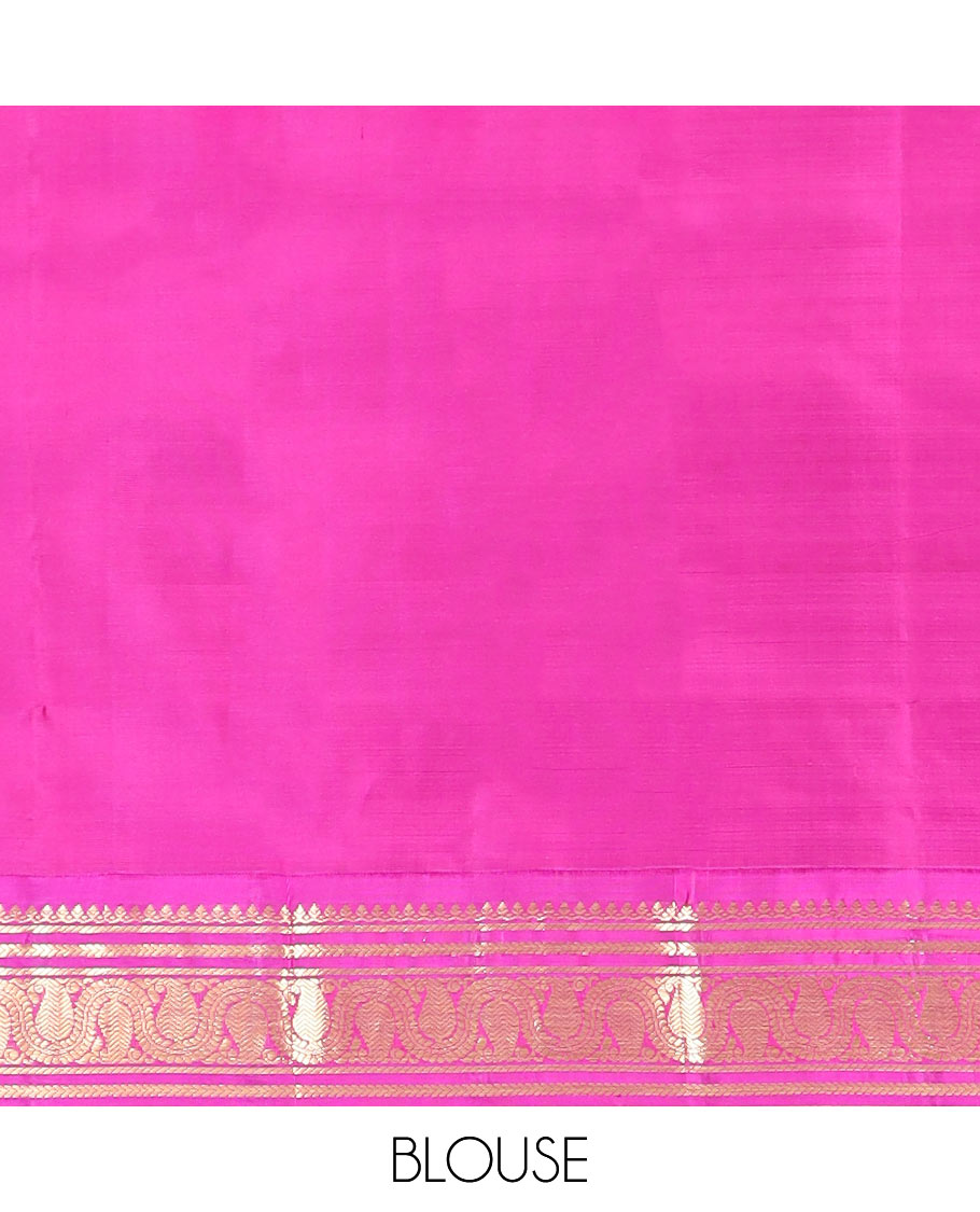 Green zari buttas silk saree, contrast border of thilakam mokku, kathir, banaras, and vanki manga kodi designs, and jaal pallu