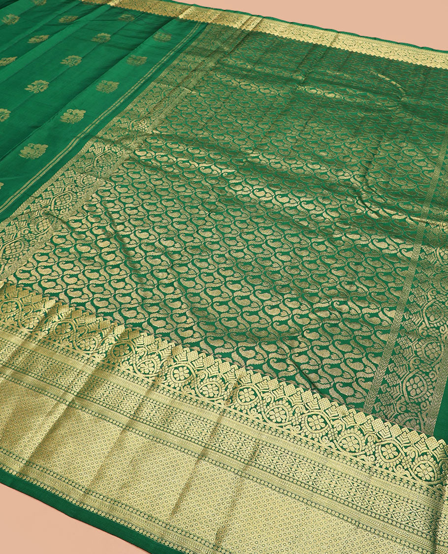 Green zari buttas silk saree, zari traditional design woven border, and pallu of manga butta enclosed checks