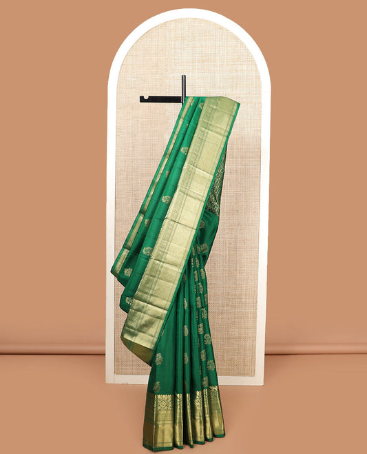Green zari buttas silk saree, zari traditional design woven border, and pallu of manga butta enclosed checks