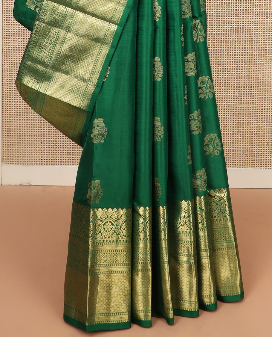 Green zari buttas silk saree, zari traditional design woven border, and pallu of manga butta enclosed checks