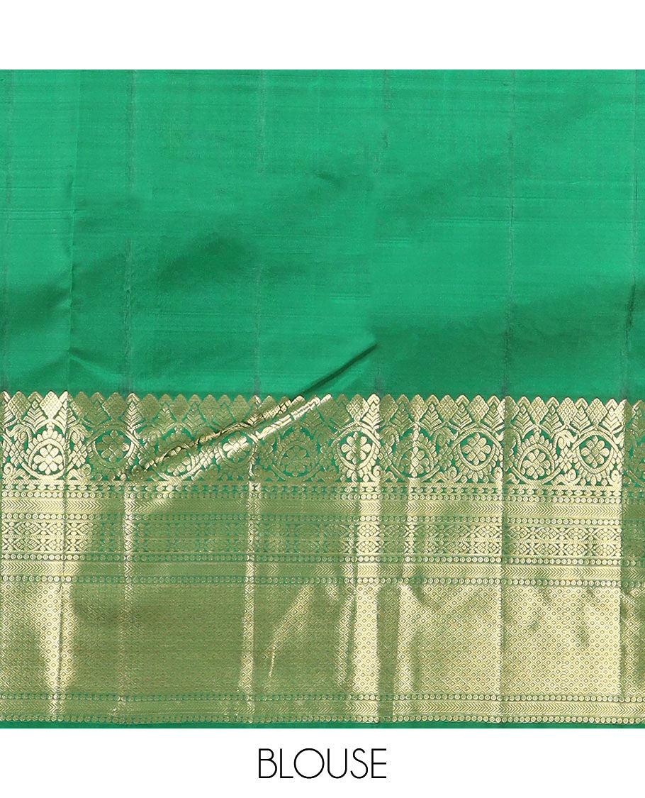 Green zari buttas silk saree, zari traditional design woven border, and pallu of manga butta enclosed checks
