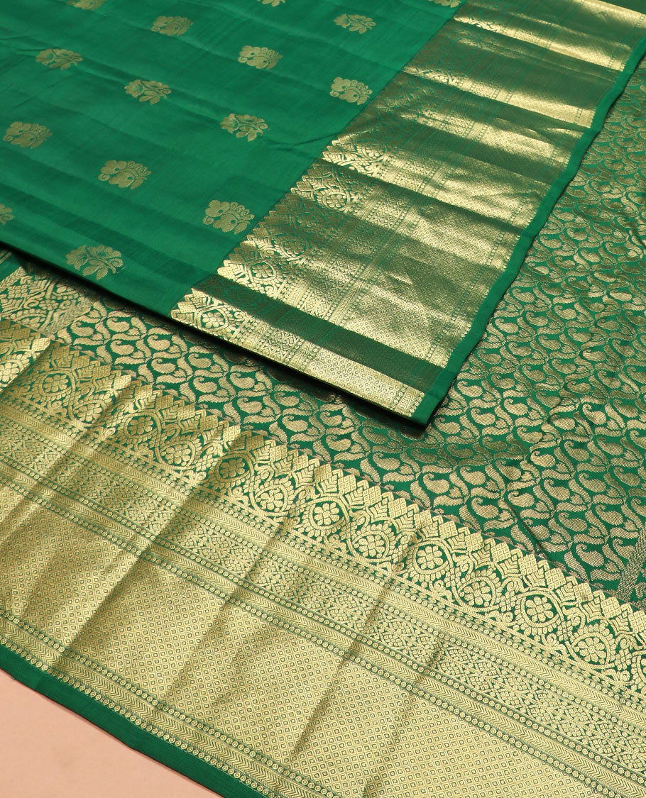 Green zari buttas silk saree, zari traditional design woven border, and pallu of manga butta enclosed checks
