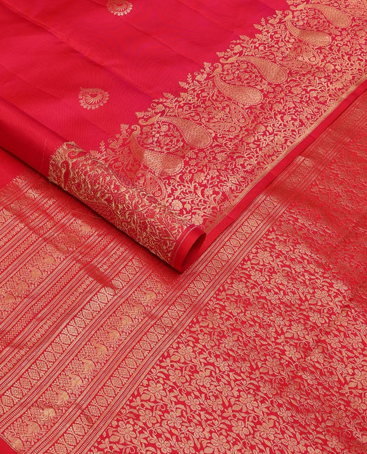 Red zari buttas silksaree,scallop border of floral jaal & mayil & pallu of muthu,banaras,rudraksham,laddu kamalam,neli,mayil & floral jaal design