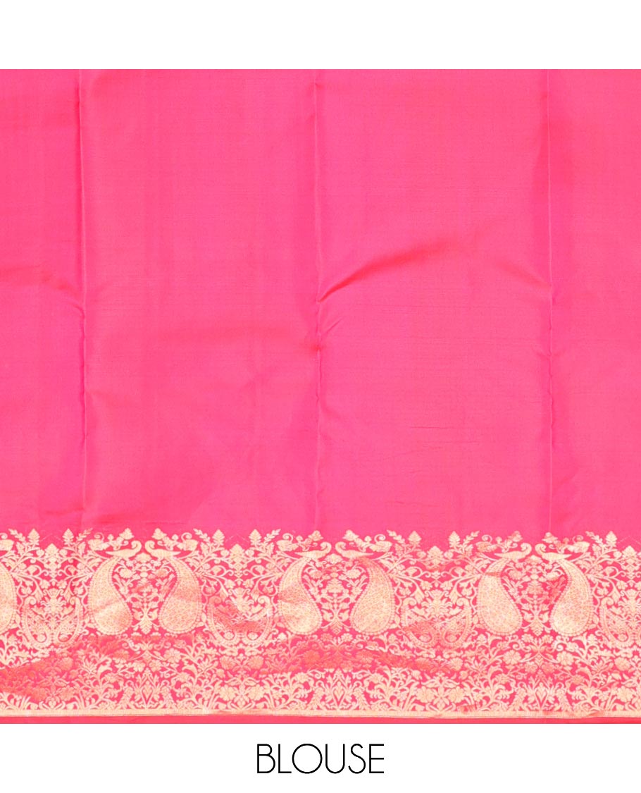 Red zari buttas silksaree,scallop border of floral jaal & mayil & pallu of muthu,banaras,rudraksham,laddu kamalam,neli,mayil & floral jaal design