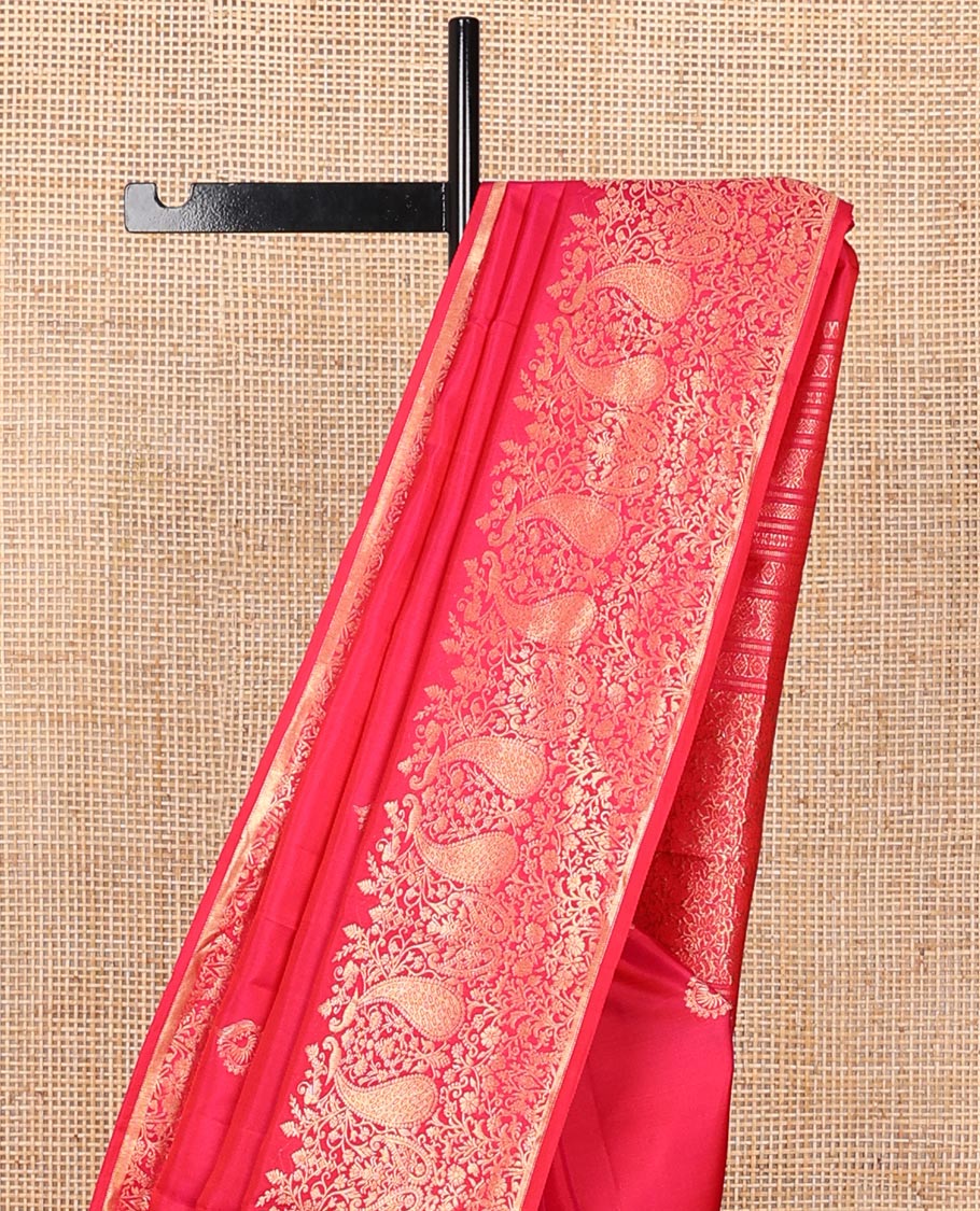 Red zari buttas silksaree,scallop border of floral jaal & mayil & pallu of muthu,banaras,rudraksham,laddu kamalam,neli,mayil & floral jaal design