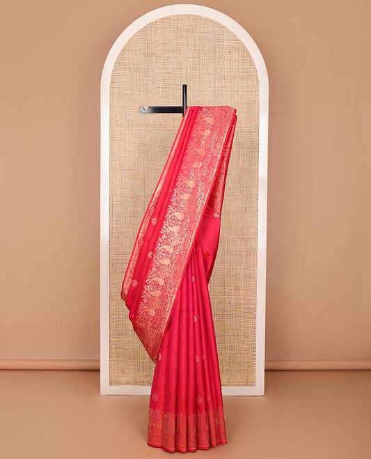 Red zari buttas silksaree,scallop border of floral jaal & mayil & pallu of muthu,banaras,rudraksham,laddu kamalam,neli,mayil & floral jaal design