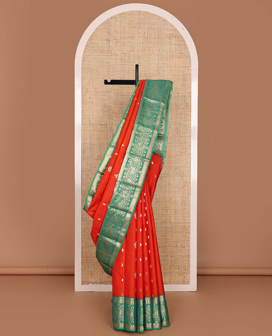 Orange zari buttas silk saree, contrast border of thilakam mokku,banaras,zari stripes,kodi visiry & pichwai cow designs & jaal pallu