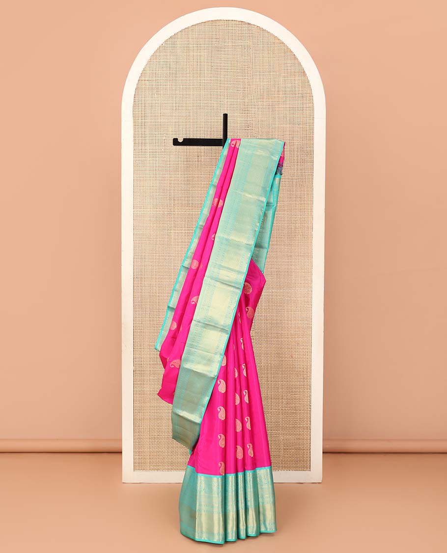 Pink manga zari buttas silk saree, contrast zari border of thilakam mokku, mayil, banaras, and mayil kann designs , and jaal pallu