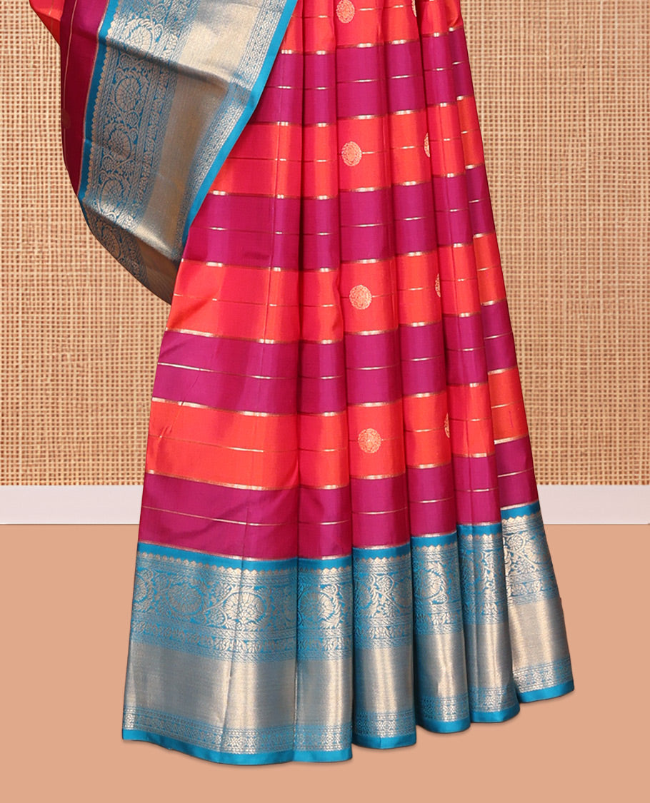 Orange-Pink Vasundhara Silk Saree, Mesmerized with Zari Buttas and Stripes, Contrast Border of Kodi Visiry Designs, Grand Pallu, and a Contrast Blouse