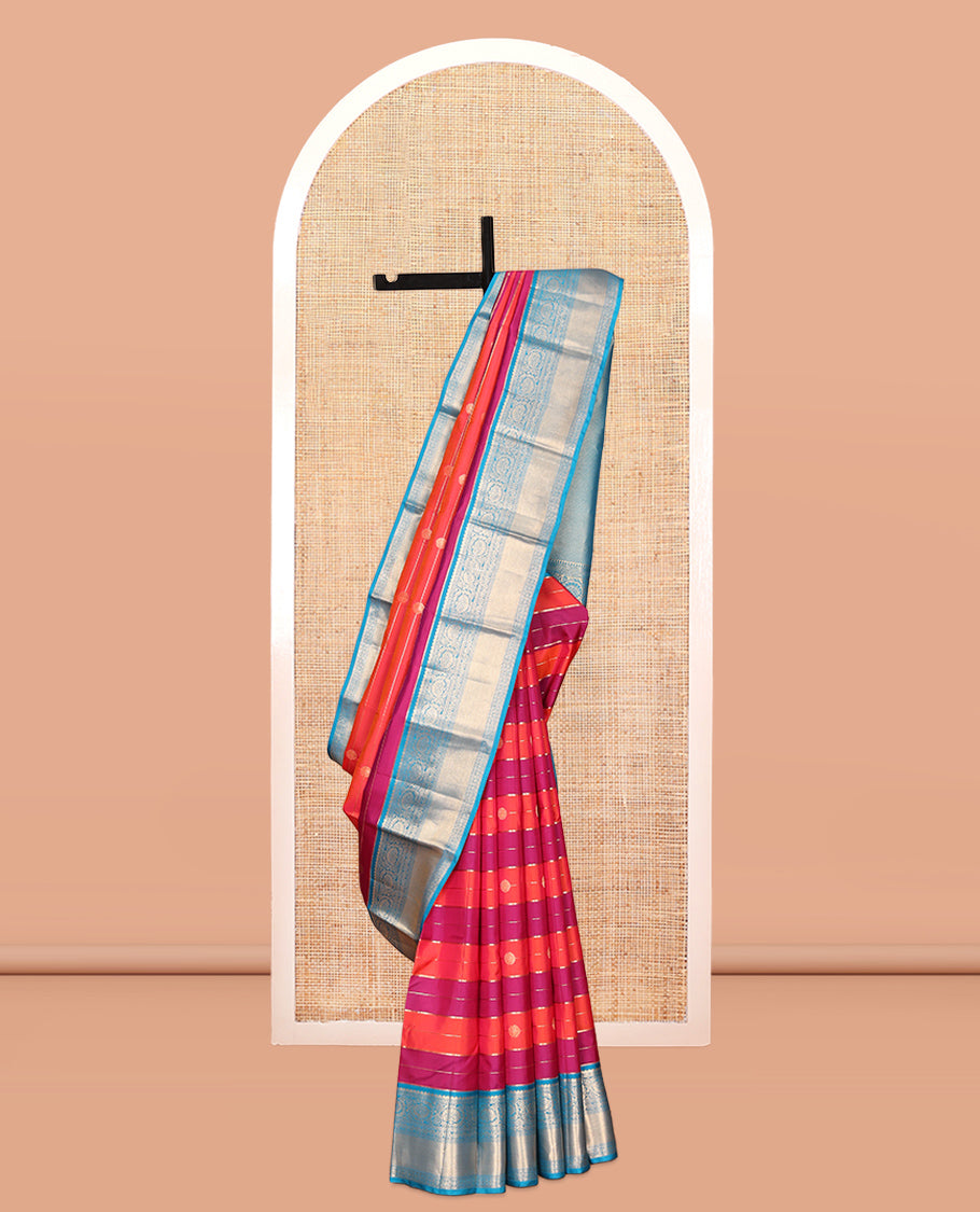 Orange-Pink Vasundhara Silk Saree, Mesmerized with Zari Buttas and Stripes, Contrast Border of Kodi Visiry Designs, Grand Pallu, and a Contrast Blouse