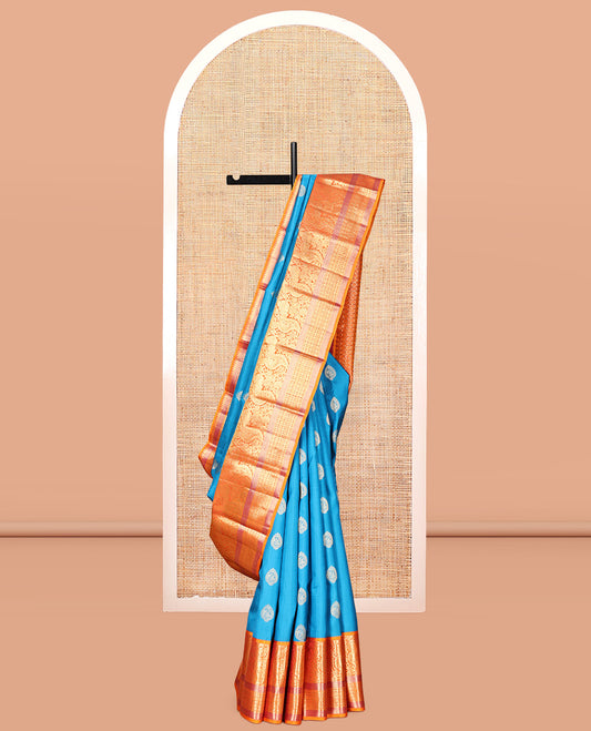 Blue Vasundhara Silk Saree, Woven with Zari Buttas, Contrast Border of Mayil, Mayil Kann, Muthu, and Kamalam Designs, Grand Pallu, and Contrast Blouse