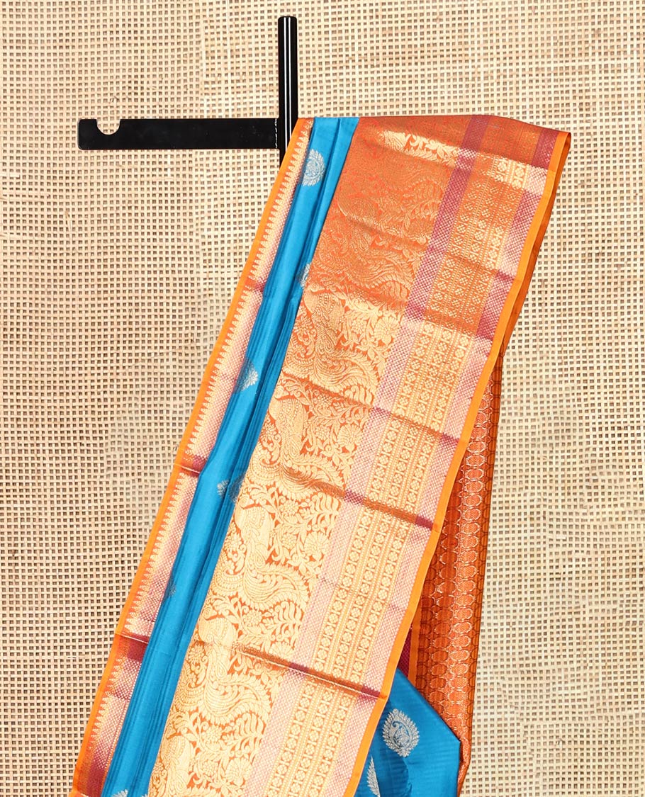Blue Vasundhara Silk Saree, Woven with Zari Buttas, Contrast Border of Mayil, Mayil Kann, Muthu, and Kamalam Designs, Grand Pallu, and Contrast Blouse