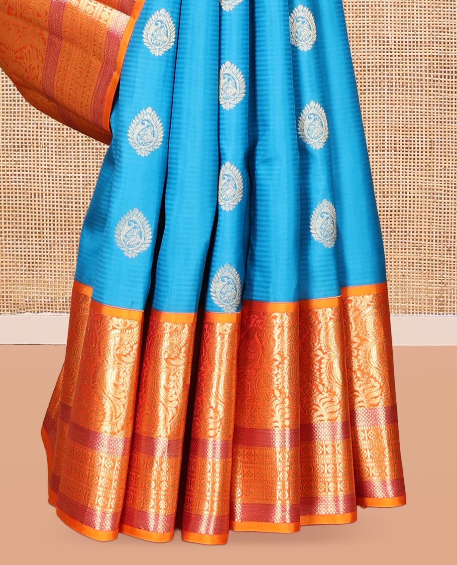 Blue Vasundhara Silk Saree, Woven with Zari Buttas, Contrast Border of Mayil, Mayil Kann, Muthu, and Kamalam Designs, Grand Pallu, and Contrast Blouse