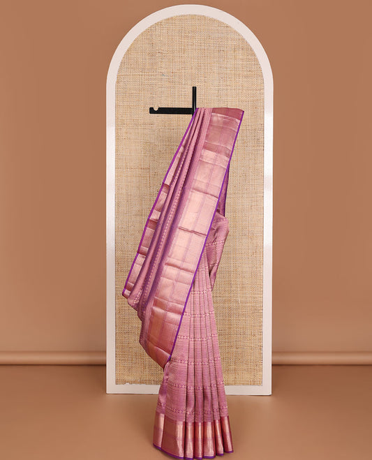 Pink geometric jacquard wedding silk saree, jaal pallu & zari border of thilakam, muthu, paisa & scallop designs
