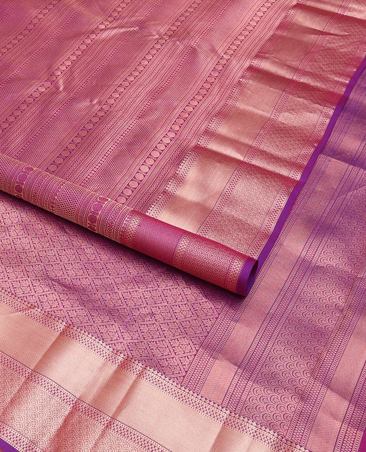 Pink geometric jacquard wedding silk saree, jaal pallu & zari border of thilakam, muthu, paisa & scallop designs