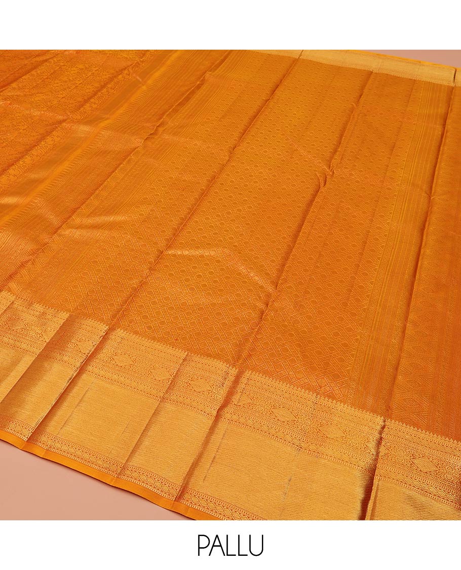 Rust Kanchipuram Wedding Silk Saree, Subtly Sparkled With Jacquard Design On Its Body, Highlighted by Zari Border of Thilakam Mokku, Diamond, and Muthu Designs, Grand Pallu and Paired with a Matching Blouse