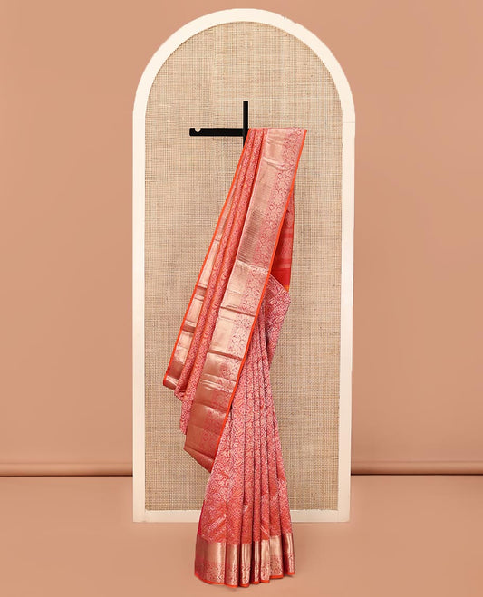 Orange Kanchipuram Wedding Silk Saree, Detailed with Jacquard Designs on Its Body, Highlighted by a Zari Border of Muthu, Diamond, and Kodi Visiry Designs, Mughal-Style Intricately Designed Pallu, and Paired with a Matching Blouse