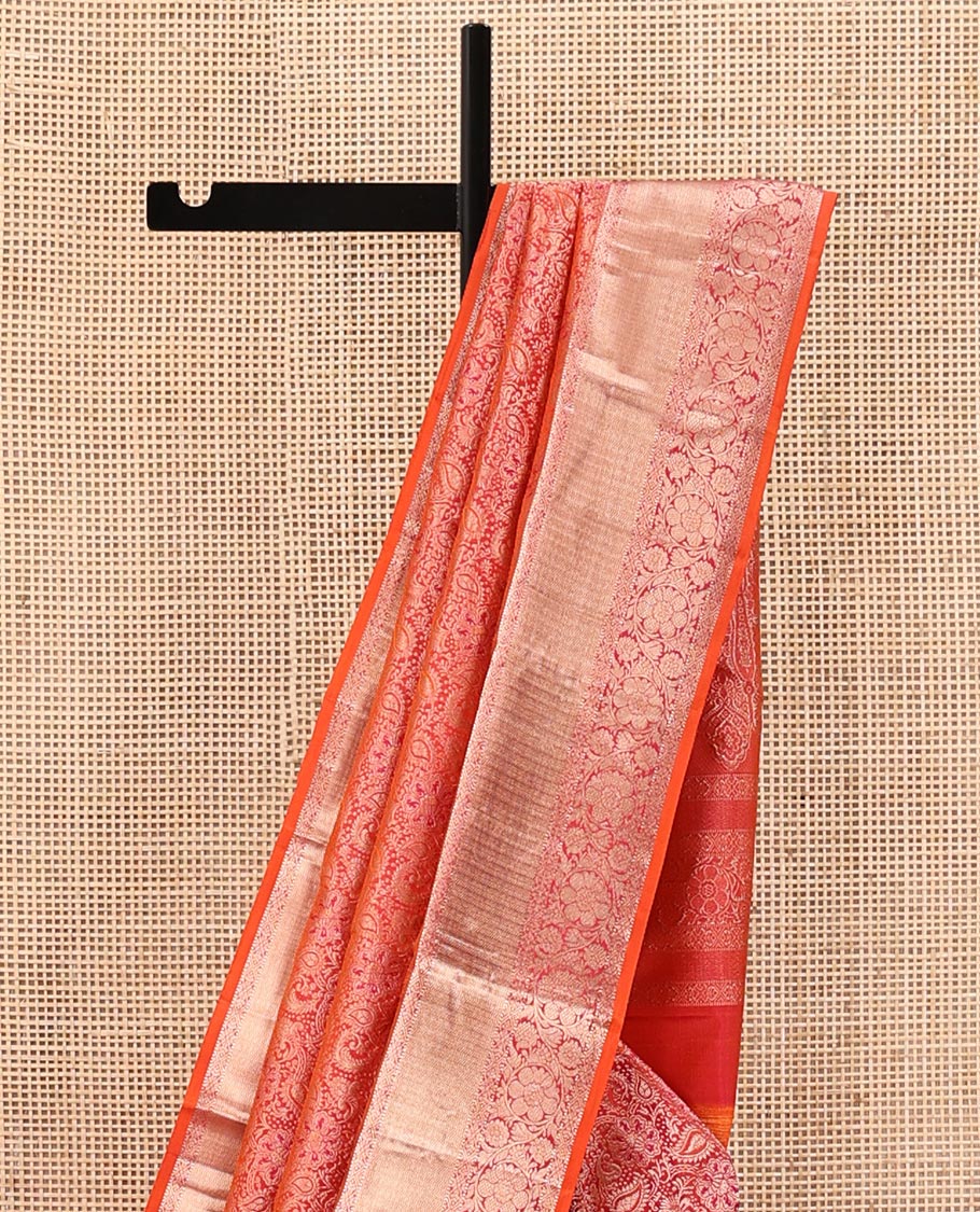Orange Kanchipuram Wedding Silk Saree, Detailed with Jacquard Designs on Its Body, Highlighted by a Zari Border of Muthu, Diamond, and Kodi Visiry Designs, Mughal-Style Intricately Designed Pallu, and Paired with a Matching Blouse