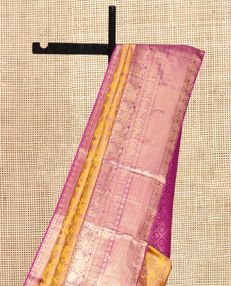 Yellow Kanchipuram Wedding Silk Saree, Embellished with Jacquard Design, a Contrast Border of Thilakam, Rudraksham, Mayil, Yaanai, Chakram, and Mayil Kann, Grand Pallu, and a Contrast Blouse