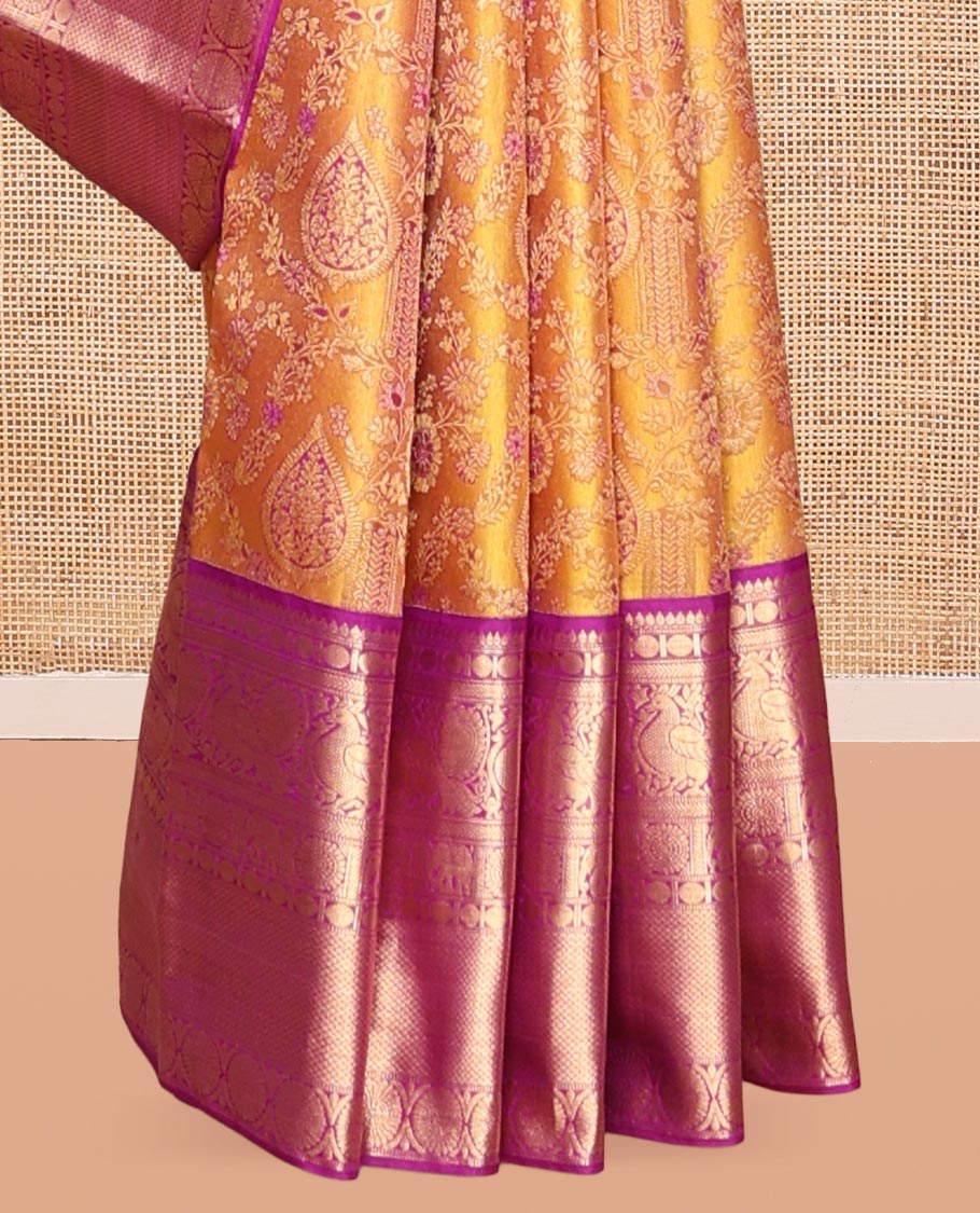 Yellow Kanchipuram Wedding Silk Saree, Embellished with Jacquard Design, a Contrast Border of Thilakam, Rudraksham, Mayil, Yaanai, Chakram, and Mayil Kann, Grand Pallu, and a Contrast Blouse