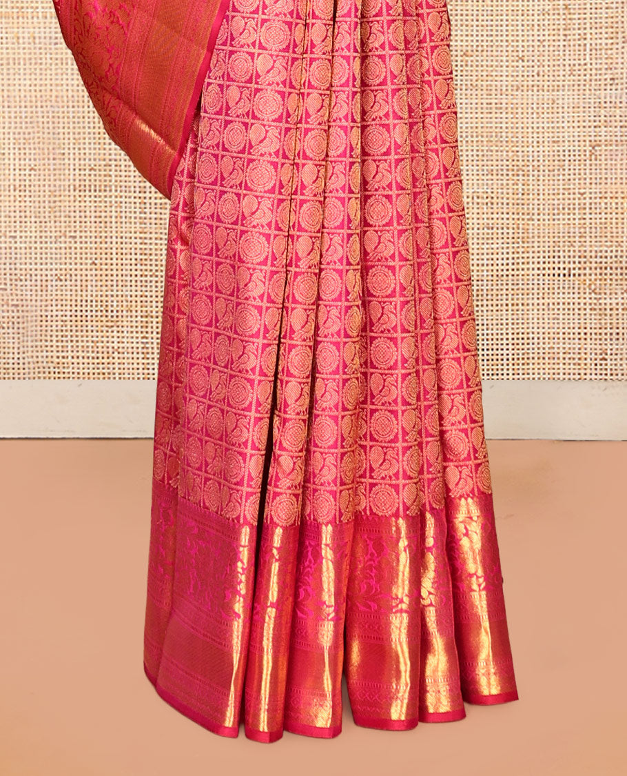 Pink Kanchipuram Wedding Silk Saree, Bedecked with Mayil-Chakram Jacquard Design, Zari Border of Kodi Visiry Designs, Grandly Decked Up Pallu, and a Matching Blouse