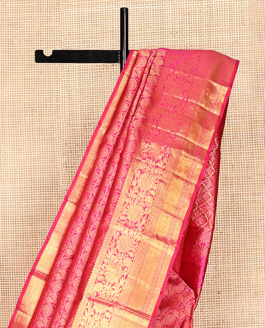 Pink Kanchipuram Wedding Silk Saree, Bedecked with Mayil-Chakram Jacquard Design, Zari Border of Kodi Visiry Designs, Grandly Decked Up Pallu, and a Matching Blouse