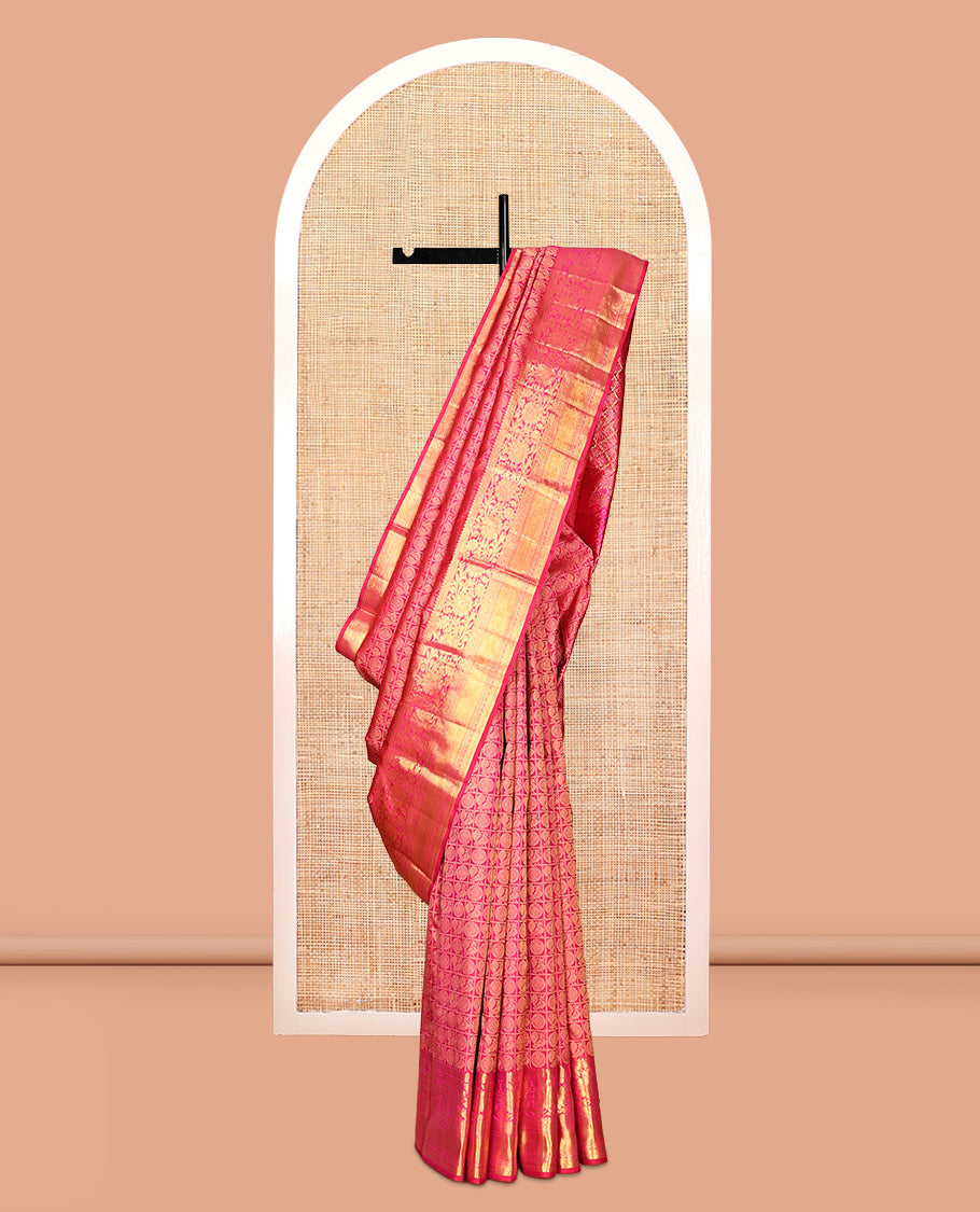 Pink Kanchipuram Wedding Silk Saree, Bedecked with Mayil-Chakram Jacquard Design, Zari Border of Kodi Visiry Designs, Grandly Decked Up Pallu, and a Matching Blouse