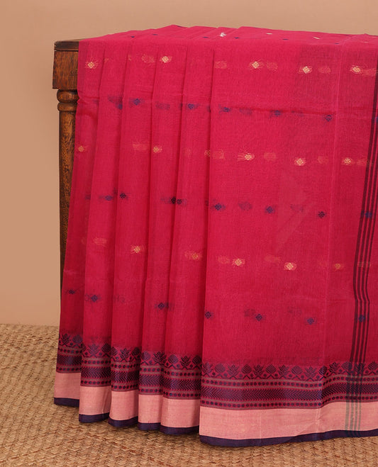 Red motifs bengal cotton saree with contrast floral design border & striped, floral motifs pallu