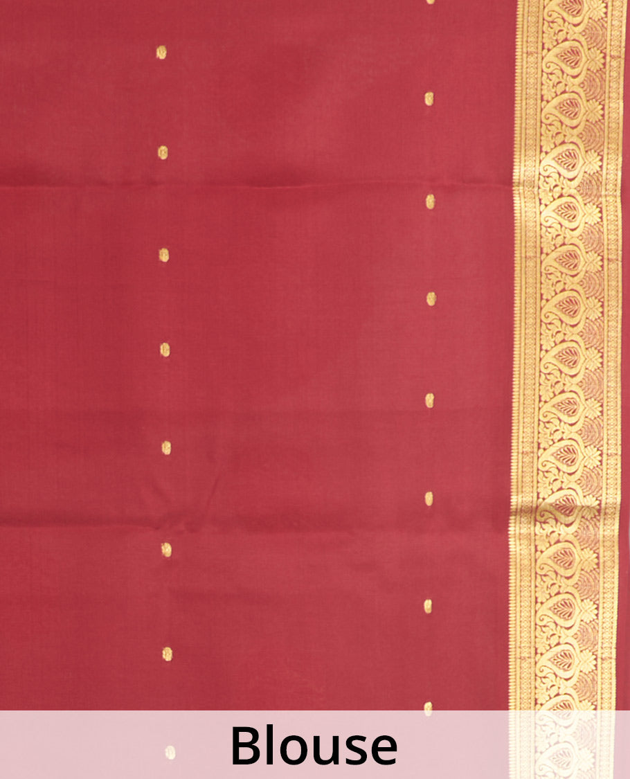Light Peach Mysore Silk Saree, Mesmerized with Zari Buttas All Over Its Body, Complemented by a Contrast Traditional Zari Design Border, Zari-Buttas Woven Pallu, and Paired with a Contrast Blouse