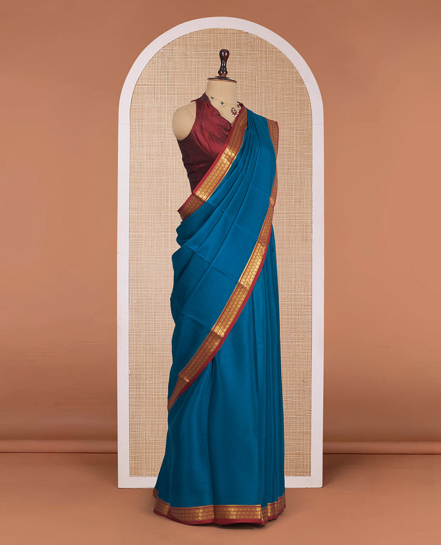 Blue Plain Mysore Silk Saree, Complemented by a Contrast Traditional Zari Design Border, Zari Striped Pallu, and Paired with a Contrast Blouse