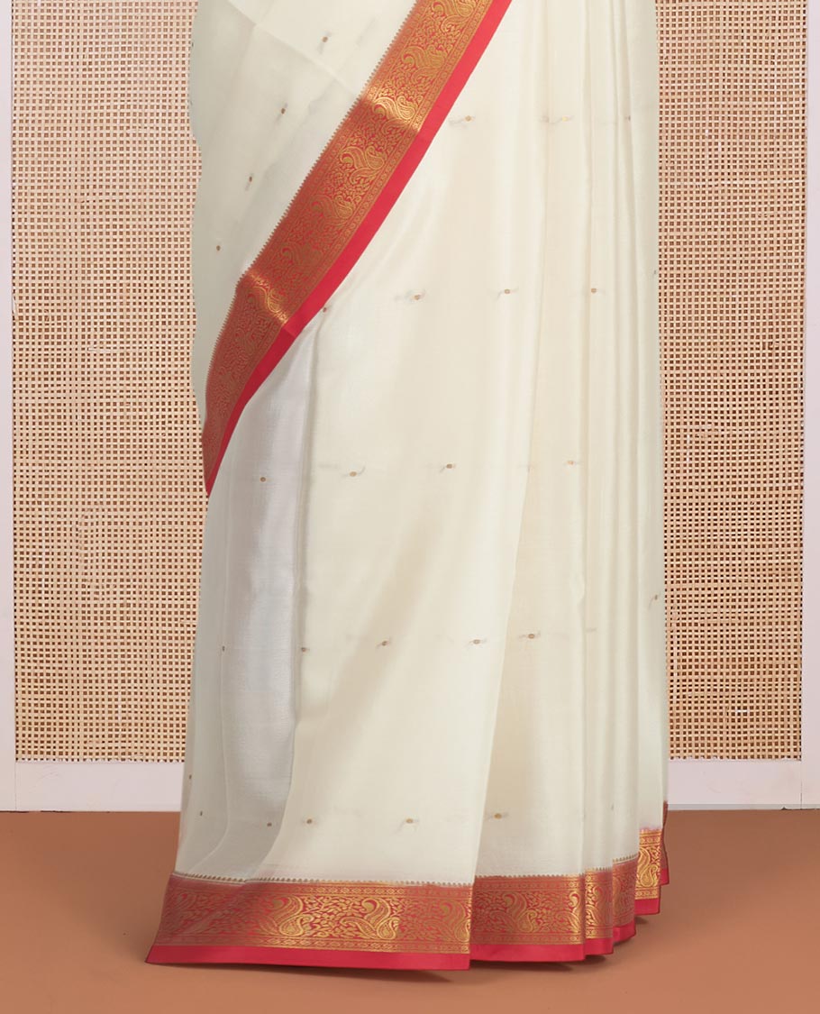 White Mysore Silk Saree, Sparsely Sparkled with Zari Buttas All Over Its Body, Complemented by a Contrast Traditional Zari Design Border, Zari-Buttas Woven Pallu, and Paired with a Contrast Blouse