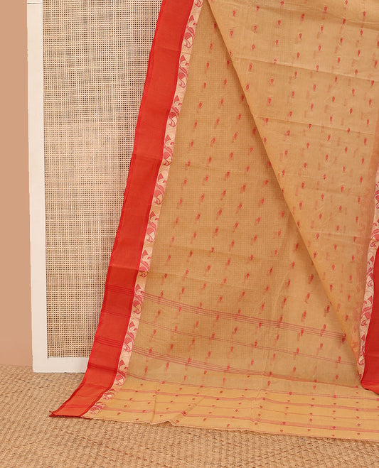 Pale brown motifs bengal cotton saree with contrast floral design border & striped, floral motifs pallu