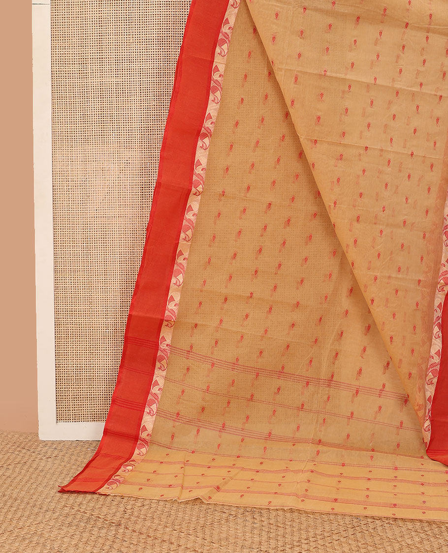 Pale brown motifs bengal cotton saree with contrast floral design border & striped, floral motifs pallu