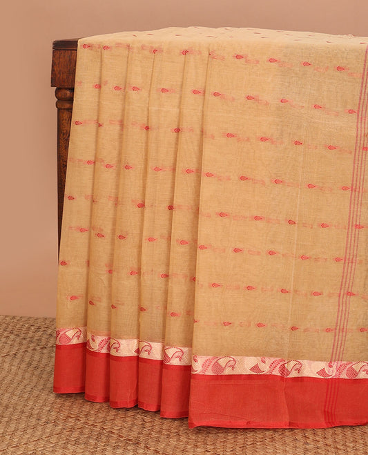 Pale brown motifs bengal cotton saree with contrast floral design border & striped, floral motifs pallu
