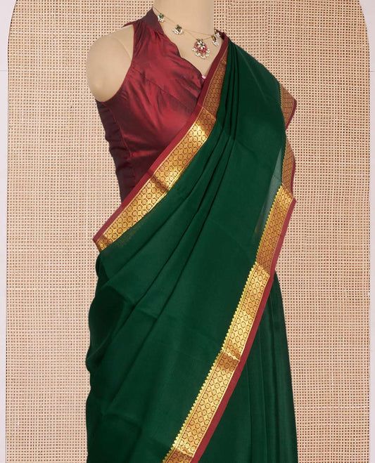 Bottle Green Plain Mysore Silk Saree, Complemented by a Contrast Traditional Zari Design Border, Zari Striped Pallu, and Paired with a Contrast Blouse
