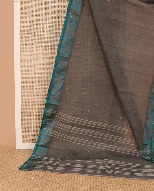 Dark grey motifs bengal cotton saree with contrast zari design border & striped, motifs pallu
