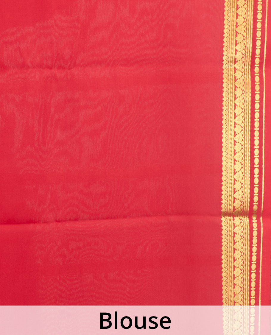 White Plain Mysore Silk Saree, Complemented by a Contrast Traditional Zari Design Border, Zari Striped Pallu, and Paired with a Contrast Blouse