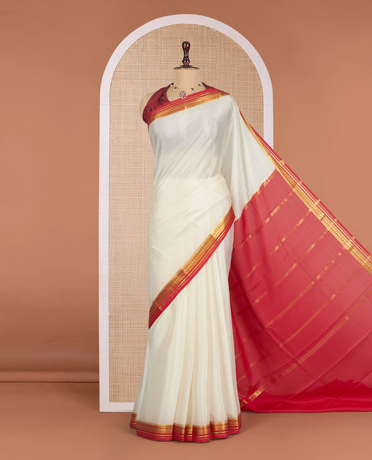 White Plain Mysore Silk Saree, Complemented by a Contrast Traditional Zari Design Border, Zari Striped Pallu, and Paired with a Contrast Blouse
