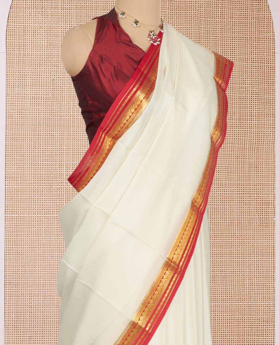 White Plain Mysore Silk Saree, Complemented by a Contrast Traditional Zari Design Border, Zari Striped Pallu, and Paired with a Contrast Blouse