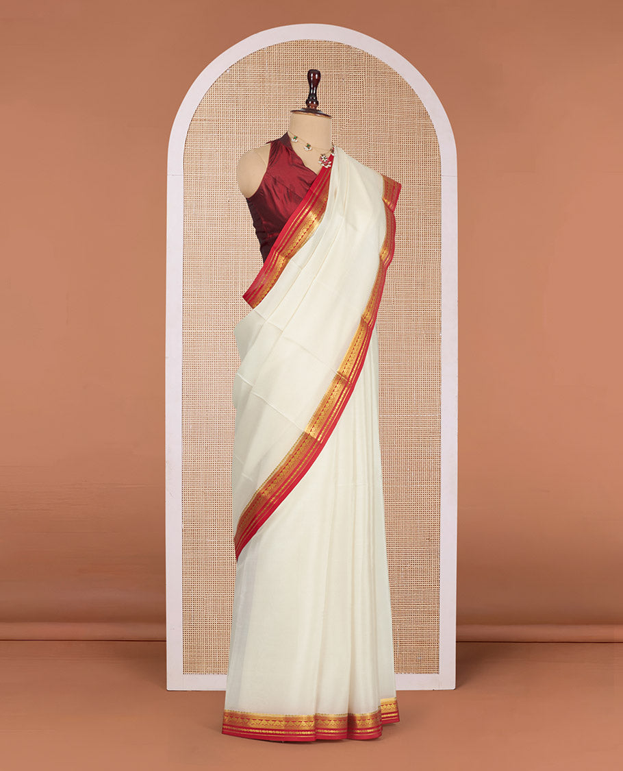 White Plain Mysore Silk Saree, Complemented by a Contrast Traditional Zari Design Border, Zari Striped Pallu, and Paired with a Contrast Blouse