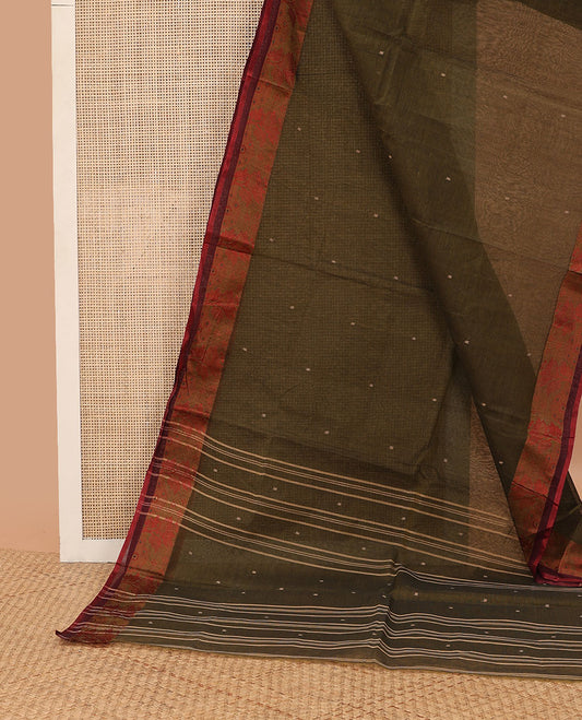 Olive green motifs bengal cotton saree with contrast floral design border & striped, floral motifs pallu
