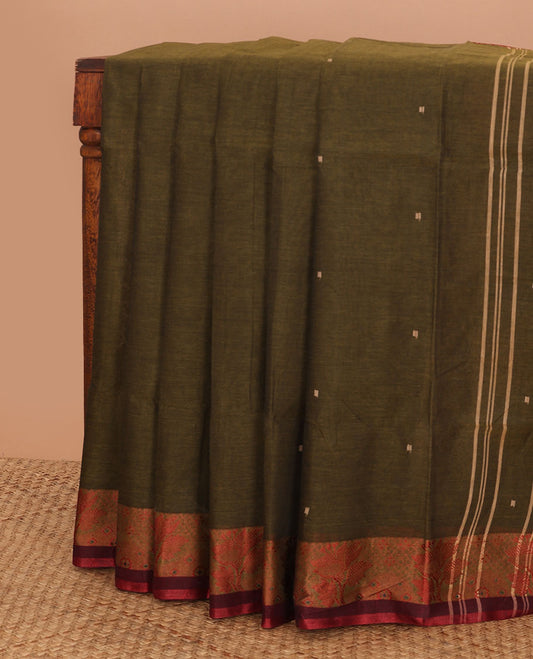 Olive green motifs bengal cotton saree with contrast floral design border & striped, floral motifs pallu